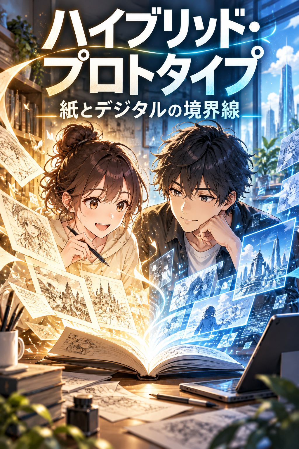 「ハイブリッド・プロトタイプ：紙とデジタルの境界線」の新しい表紙（Nott生成）